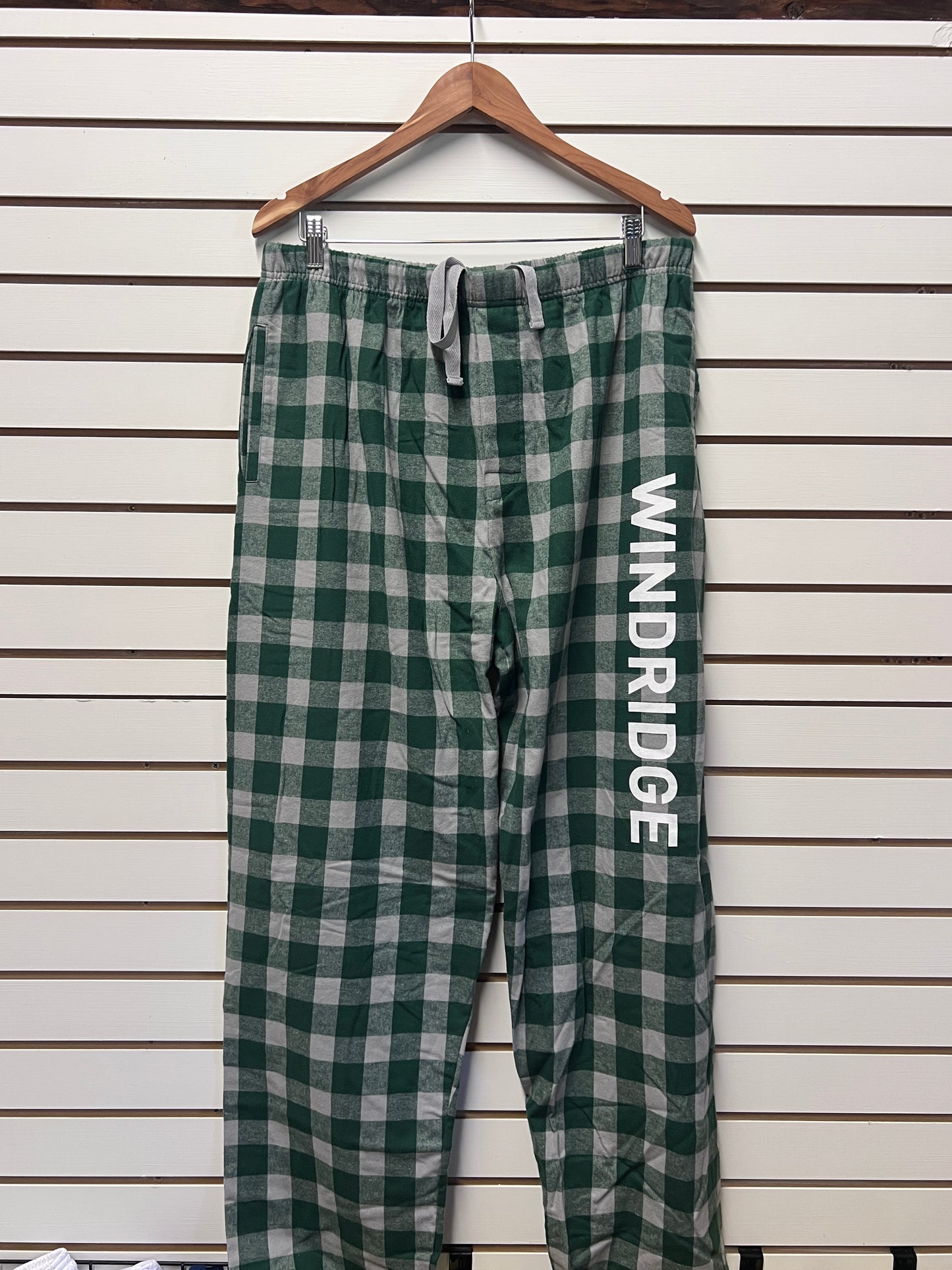 Flannel Men's Lounge pant in plaid with Windridge lettering.