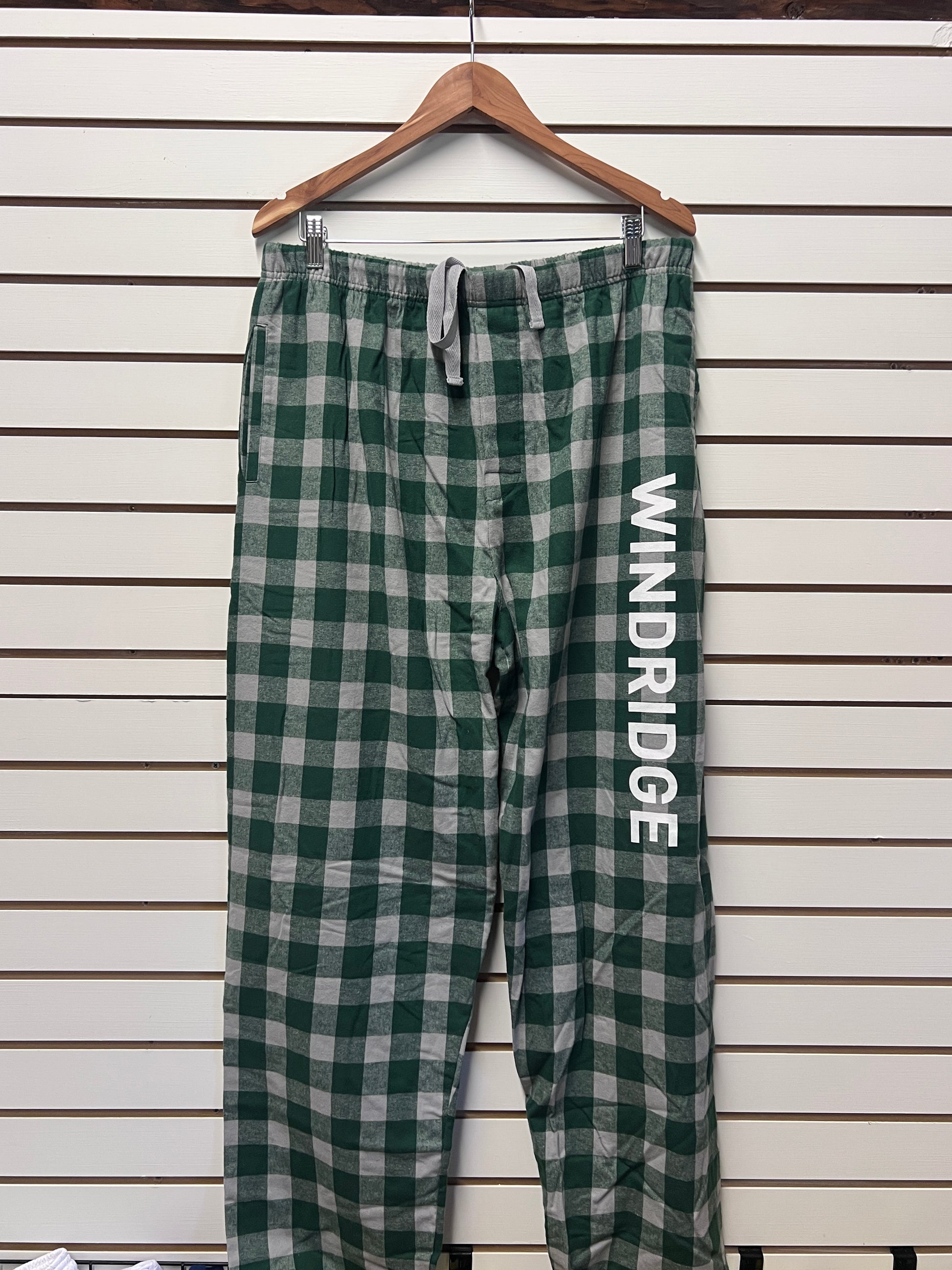 Flannel Men's Lounge pant in plaid with Windridge lettering.