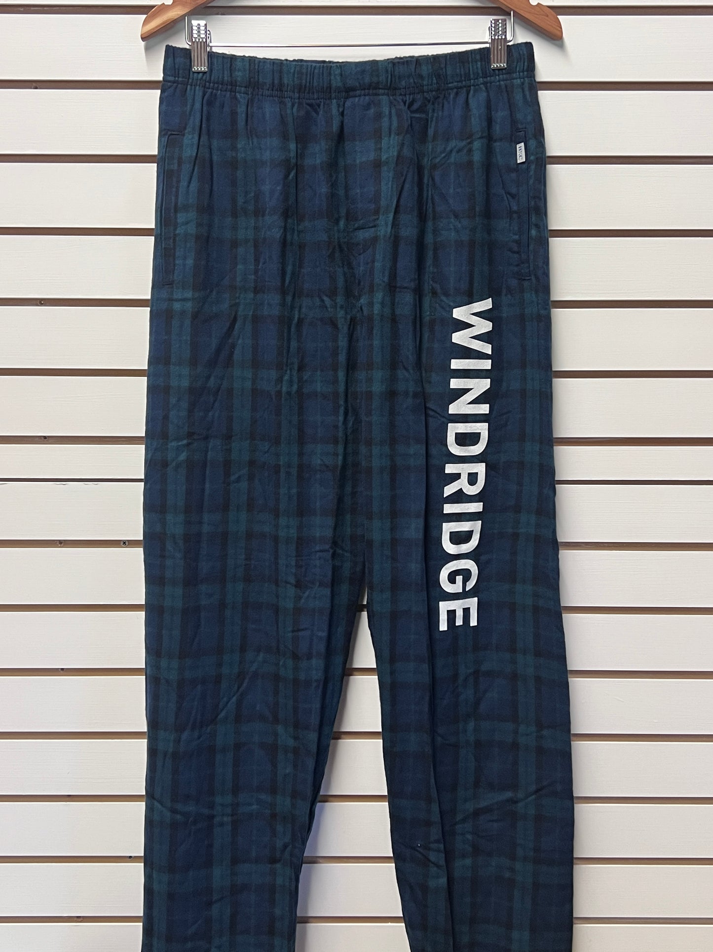 Flannel Men's Lounge pant in plaid with Windridge branding.