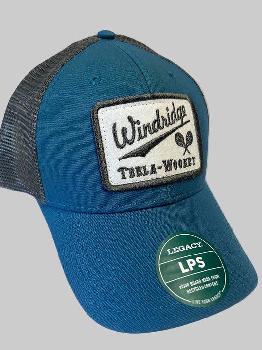 Blue cap with Windridge logo on a white background